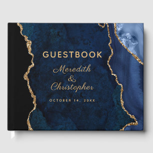 Blue Gold Glitter Agate Wedding Guest Book