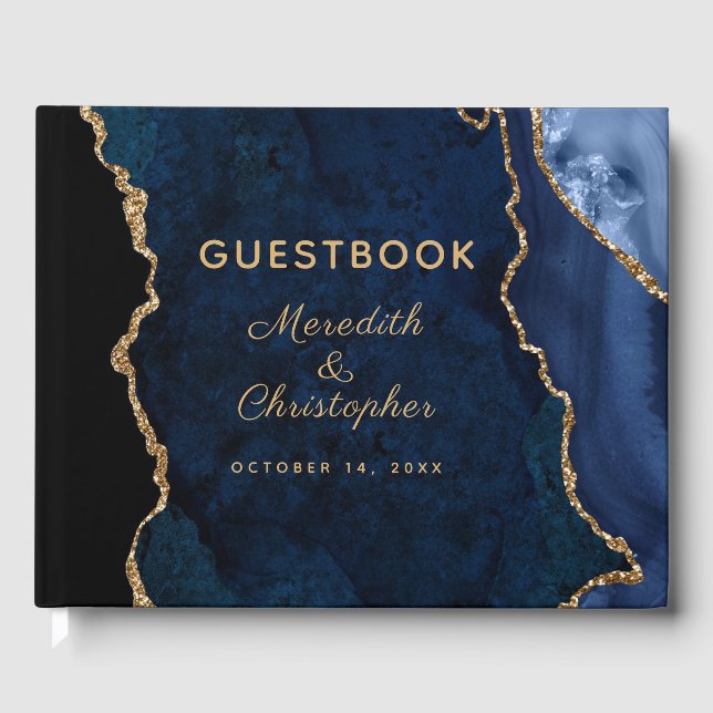 Blue Gold Glitter Agate Wedding Guest Book (Front)
