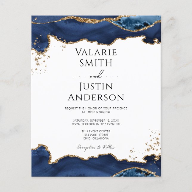 Blue Gold Glitter Agate Wedding Invitation Flyer (Front)
