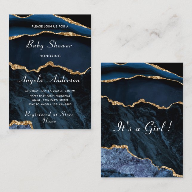 Blue Gold Glitter Baby Shower Invitations Example (Front/Back)