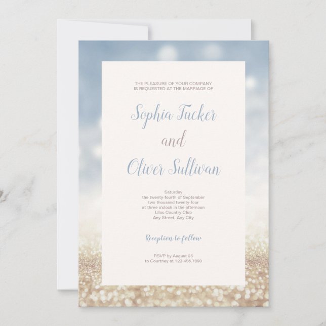Blue & Gold Glitter Background Wedding Invitation (Front)