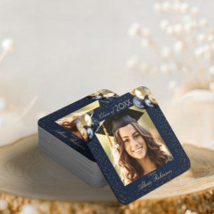 Blue Gold Glitter Balloon Graduation Party Photo  Square Paper Coaster