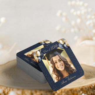 Blue Gold Glitter Balloon Graduation Party Photo  Square Paper Coaster