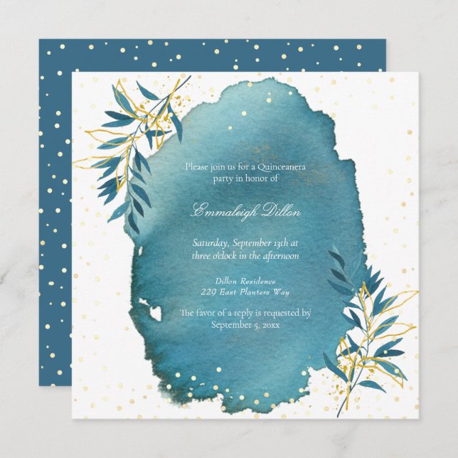 Blue Gold Glitter Botanical Quinceanera Party Invitation (Front/Back)