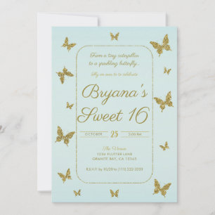 Blue & Gold Glitter Butterfly Sweet 16 Party Invitation