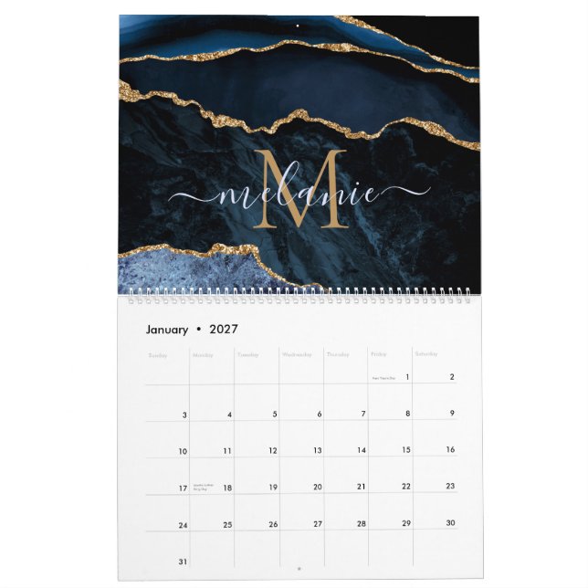 Blue Gold Glitter Calendar Custom Name and Letter (Jan 2027)