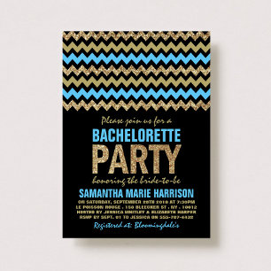 Blue & Gold Glitter Chevron Bachelorette Party Invitation