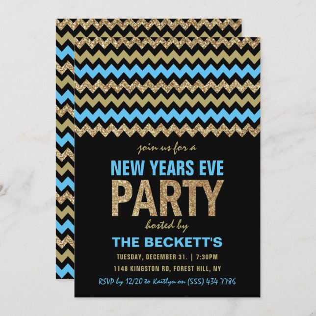 Blue & Gold Glitter Chevron New Years Party Invitation (Front/Back)
