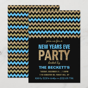 Blue & Gold Glitter Chevron New Years Party Invitation