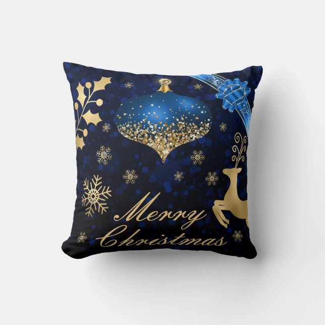Blue & Gold Glitter Christmas bauble and Ribbon Cushion (Front)
