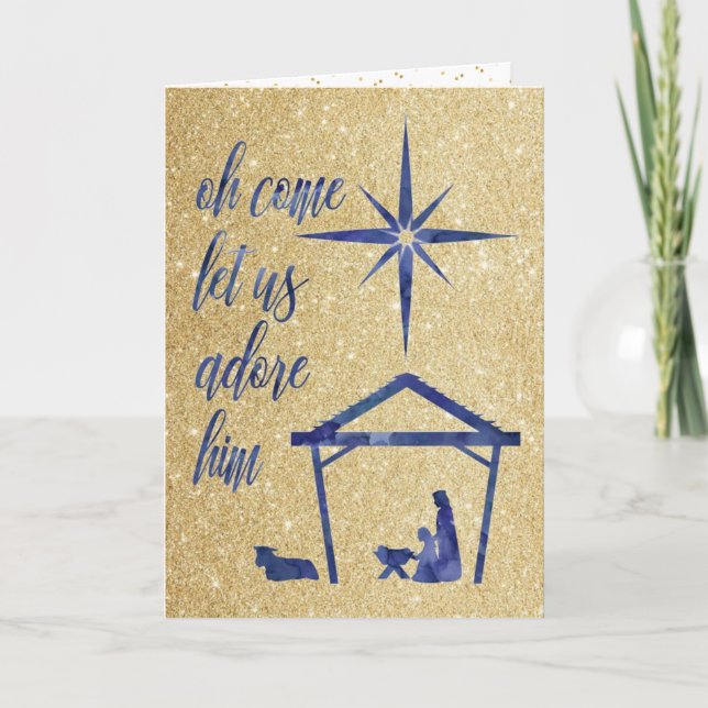 Blue Gold Glitter Christmas Night Greeting Card (Front)