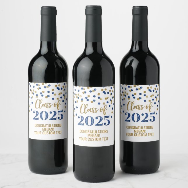 Blue Gold Glitter Class of 2025 Graduation Wine Label (Bottles)