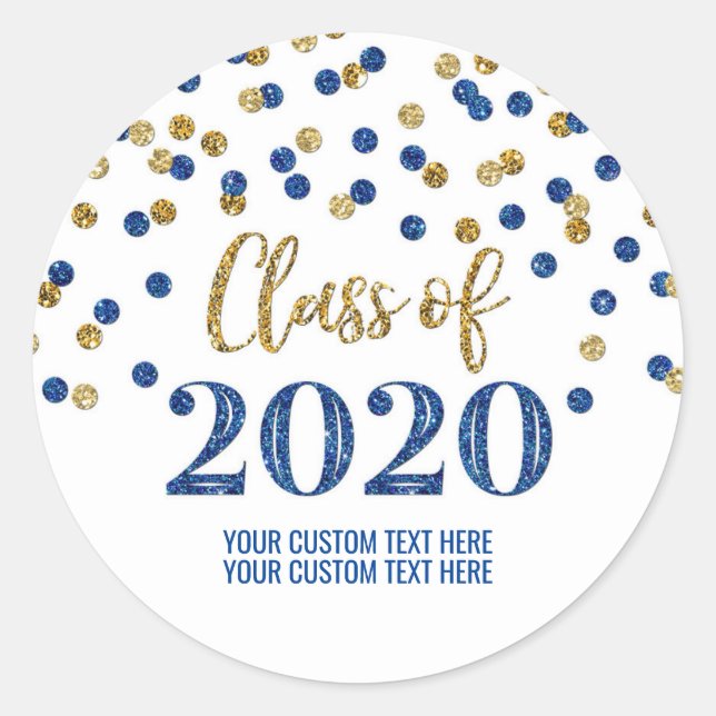 Blue Gold Glitter Confetti Graduation 2020 Classic Round Sticker (Front)