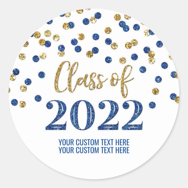 Blue Gold Glitter Confetti Graduation 2022 Classic Round Sticker (Front)