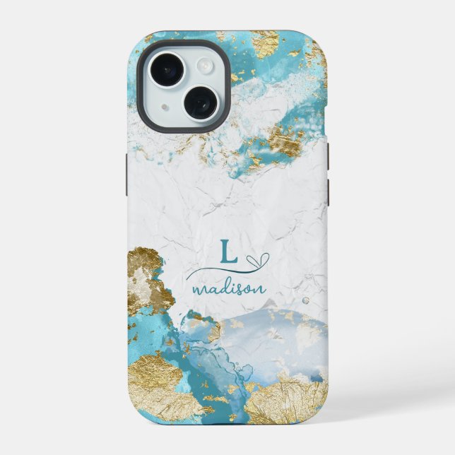 Blue Gold Glitter Custom Monogram iPhone 15 Case (Back)