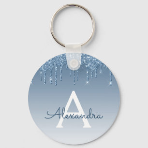 Blue Gold Glitter Drips Sparkle Monogram Key Ring