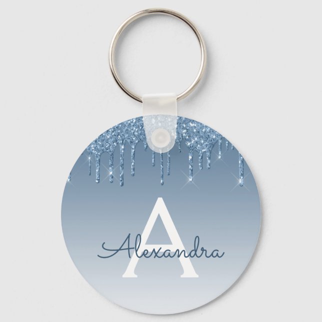 Blue Gold Glitter Drips Sparkle Monogram Key Ring (Front)