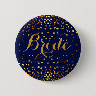 Blue Gold Glitter Faux Foil Confetti Dot Bride 6 Cm Round Badge