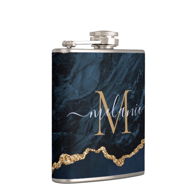 Blue Gold Glitter Flask Personalised Name Letter (Right)