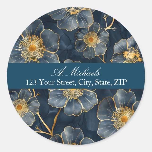 Blue Gold Glitter Flowers Round Address Label (Front)