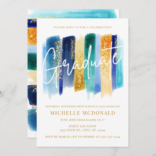 Blue & Gold Glitter Graduation Party Invitation (Front/Back)