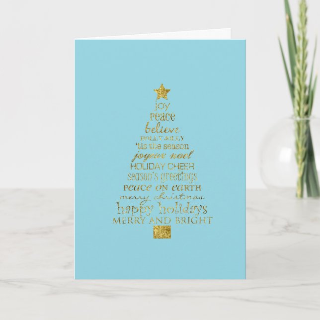 Blue Gold Glitter Inspirational Christmas Tree Card (Front)