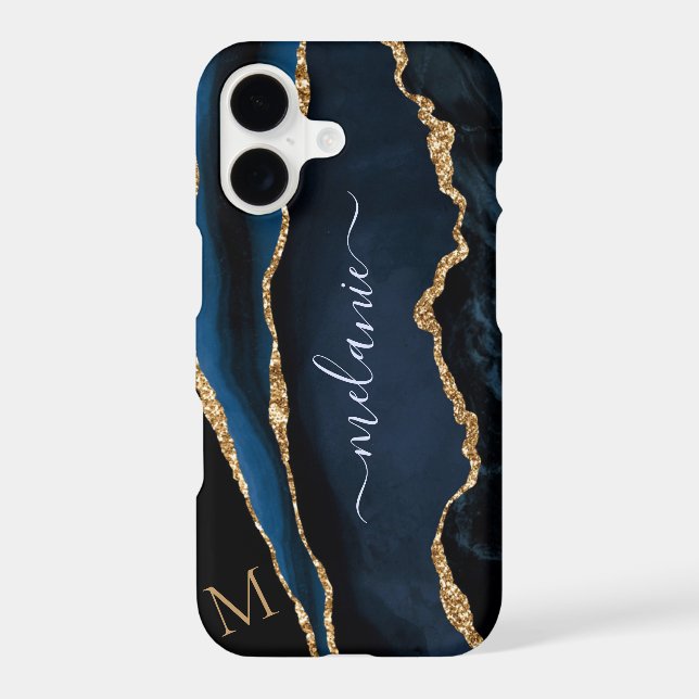Blue Gold Glitter iPhone Case Custom Name Letter (Back)