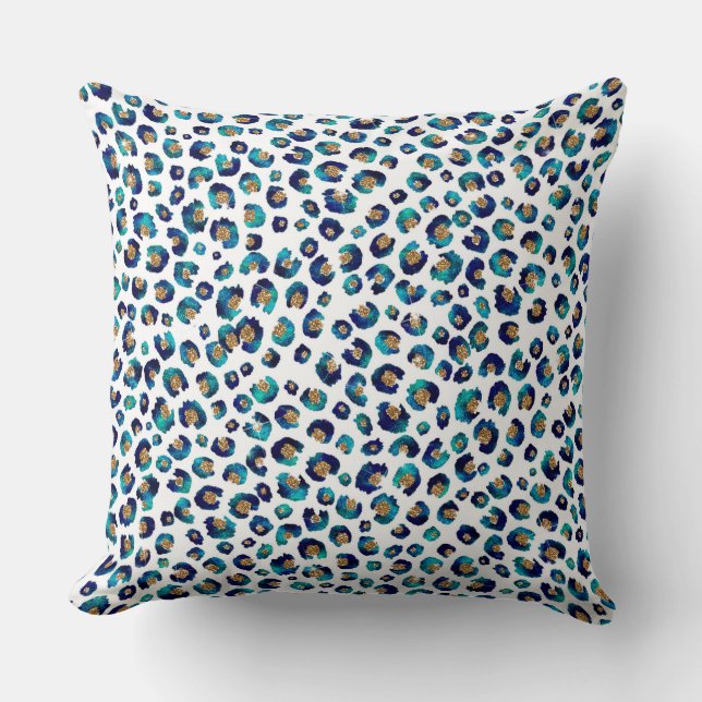 Blue Gold Glitter Leopard Pattern Cushion (Front)