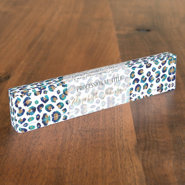 Blue Gold Glitter Leopard Pattern Nameplate (Side)