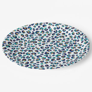 Blue Gold Glitter Leopard Pattern Paper Plate