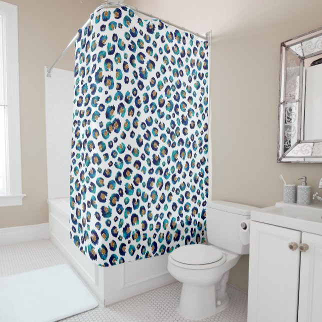 Blue Gold Glitter Leopard Pattern Shower Curtain (In Situ)