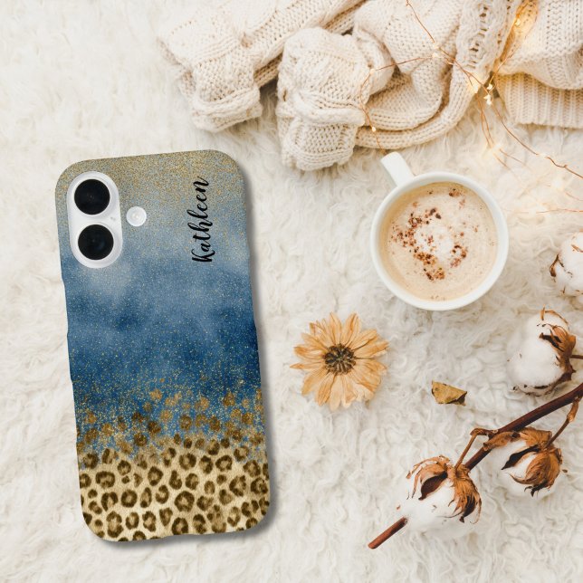 Blue Gold Glitter Leopard Print Monogram Name Case-Mate iPhone Case (Blue gold glitter leopard print monogrammed name iPhone case 17 16 15 14 13 12 11 Pro Max Plus Mini)
