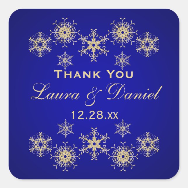 Blue, Gold Glitter LOOK Snowflake Wedding Sticker (Front)
