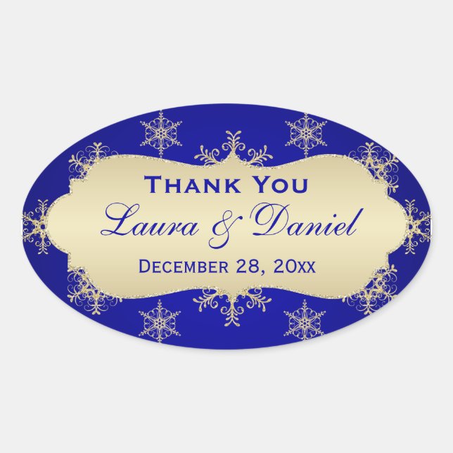 Blue, Gold Glitter LOOK Snowflake Wedding Sticker (Front)