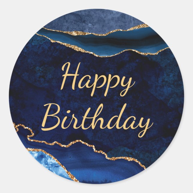 Blue & Gold Glitter Marble Agate Birthday Classic Round Sticker (Front)