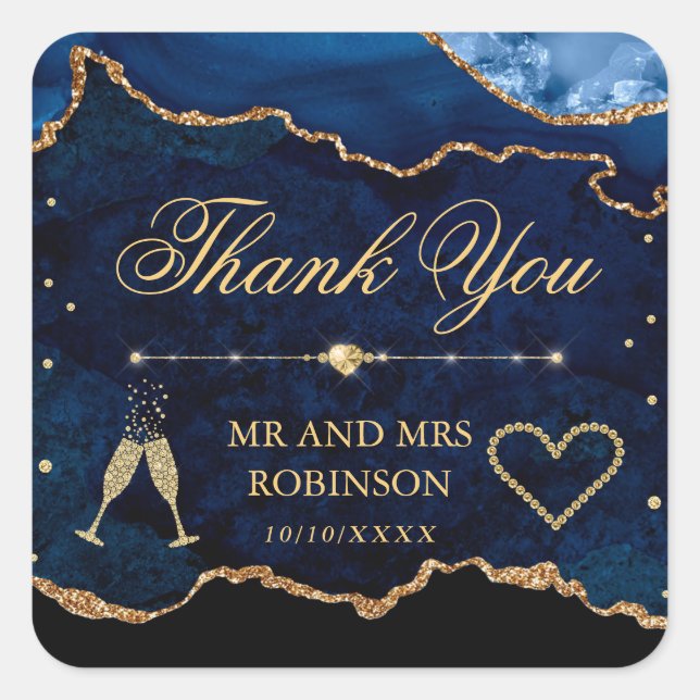 Blue & Gold Glitter Marble Agate Wedding Square Sticker (Front)