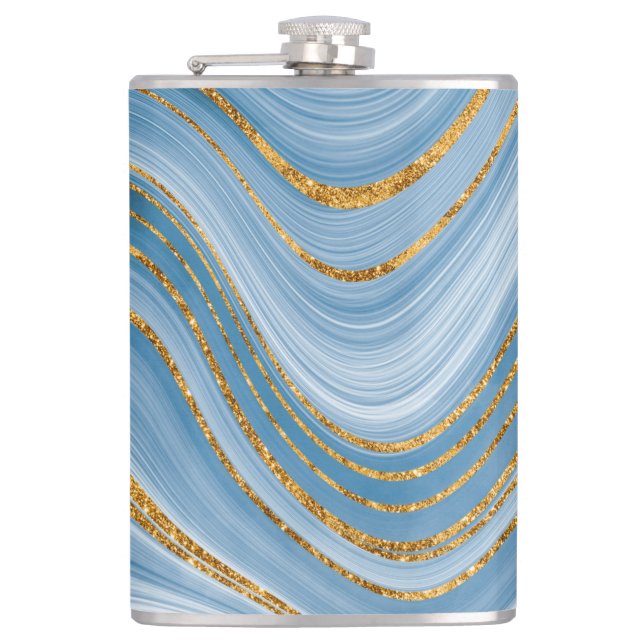 Blue Gold Glitter Marble Elegant Abstract  Hip Flask (Front)