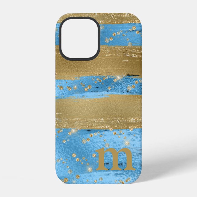 Blue Gold Glitter Monogram Initial iPhone Case (Back)