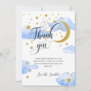 Blue Gold Glitter Moon Baby Shower Thank You Card