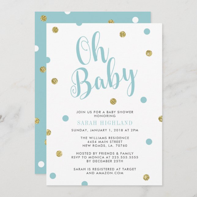 Blue & Gold Glitter Oh Baby Shower Invitation (Front/Back)
