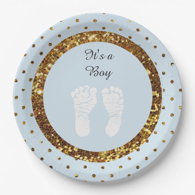 Blue & Gold Glitter Personalised  Paper Plates (Front)