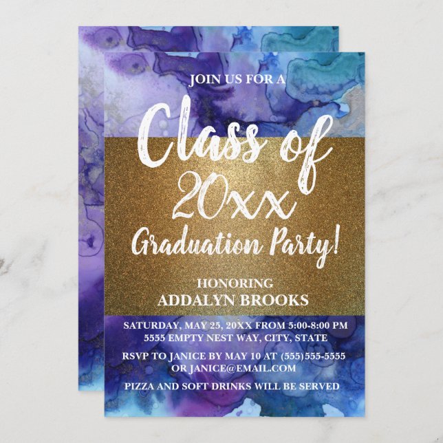 Blue Gold Glitter Photo Grad Party Invitation (Front/Back)