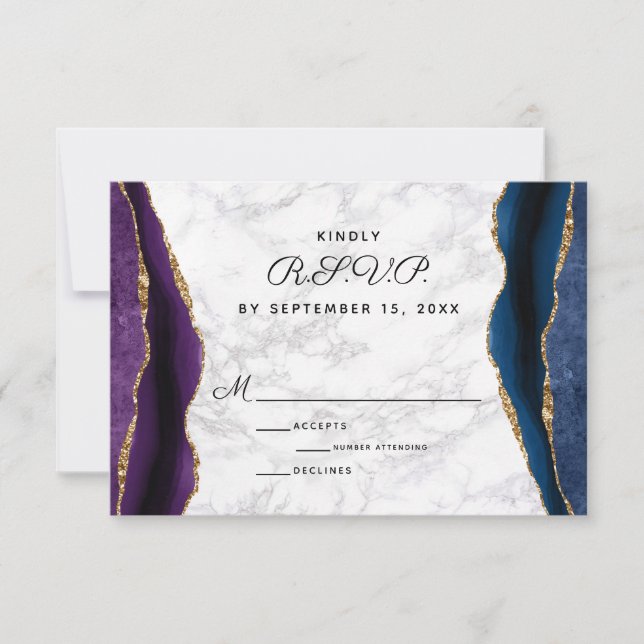 Blue Gold Glitter Purple Agate Wedding RSVP Card (Front)
