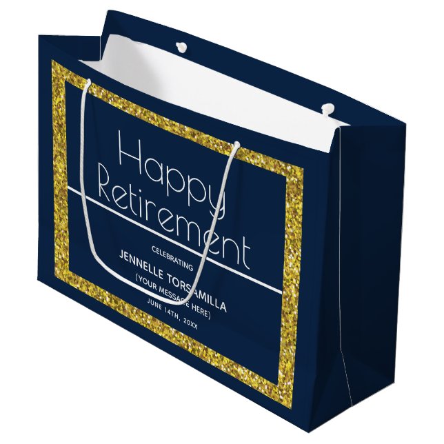 Blue Gold Glitter Retirement Party Large Gift Bag (Front Angled)