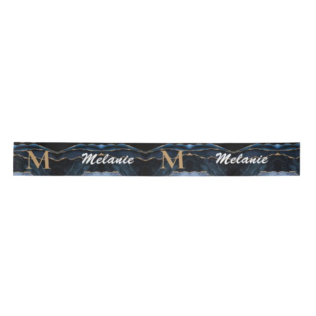 Blue Gold Glitter Ribbon Your Name and Letter Satin Ribbon (Front)