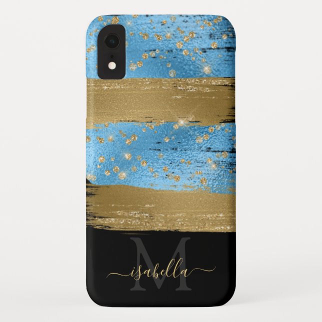Blue Gold Glitter Script Monogrammed Case-Mate iPhone Case (Back)