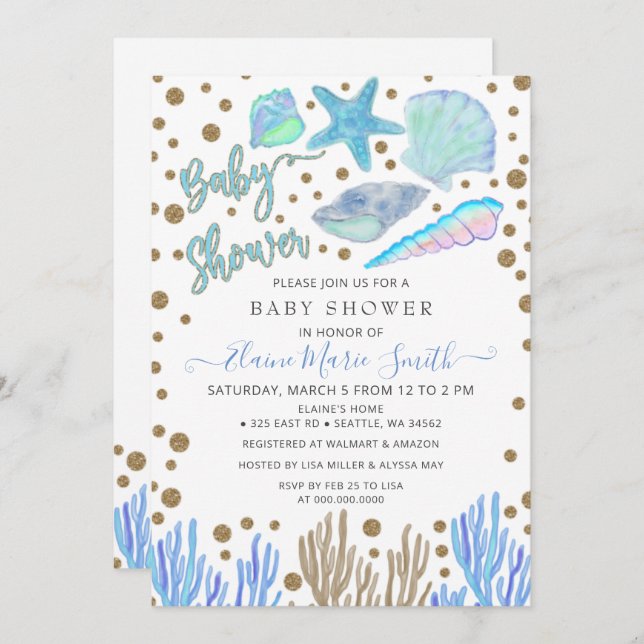 Blue Gold Glitter Seashells Sea Beach Baby Shower  Invitation (Front/Back)