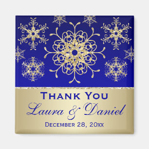 Blue, Gold Glitter Snowflakes Wedding Favour Magnet