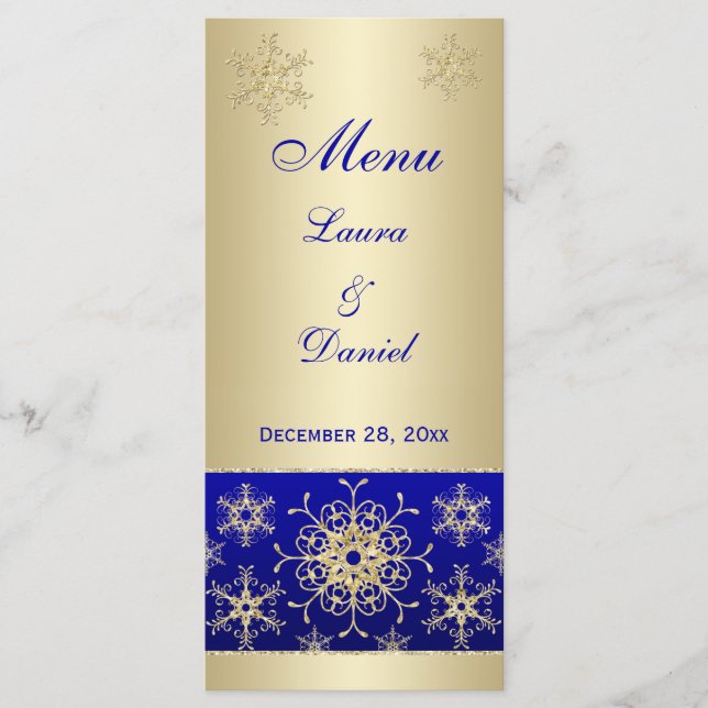 Blue, Gold Glitter Snowflakes Wedding Menu Card (Front)