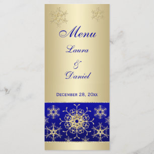 Blue, Gold Glitter Snowflakes Wedding Menu Card